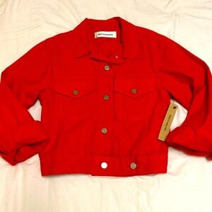 NWT Reformation Cherry Red Crop Denim Trucker Jacket